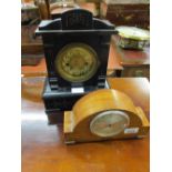 Art Deco walnut and inlaid dome shaped mantel clock together with a 19th Century ebonised mantel