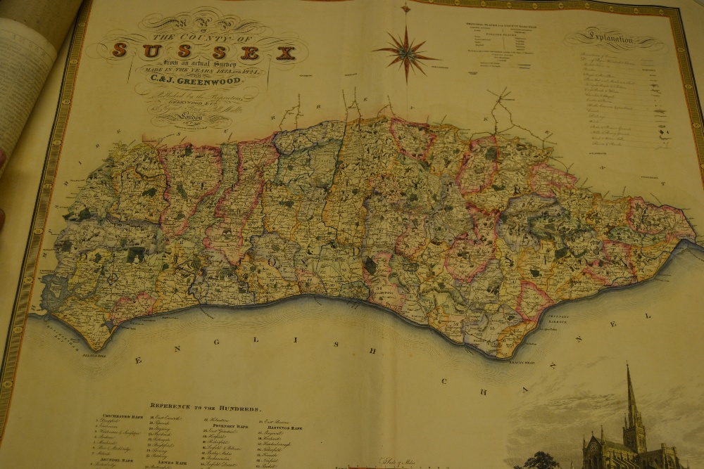 Robert Morden, an unframed hand coloured map of Sussex, together with a Greenwood map of Sussex,