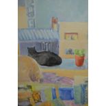 Margaret Harmsworth, oil on canvas, still life, cat on a window ledge and an oil on canvas,