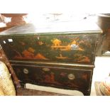 Early 19th Century black chinoiserie lacquer mule chest with a hinged lid above a single drawer on