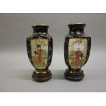 Pair of small Satsuma square pottery vases painted with panels of figures and landscapes