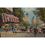20th Century oil on canvas, French street scene with figures, signed Housier, 12ins x 16ins,