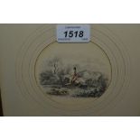 Three small 19th Century circular pencil and watercolour drawings mounted in Hogarth frames,