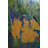 Robert Savary signed oil on board, figure in a landscape, inscribed verso ' Forest People ',