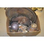 Box containing a quantity of various silver plated items and flatware including an oval two handled