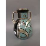 Art Deco Bohemian black opaque glass two handled vase with geometric decoration in silver and