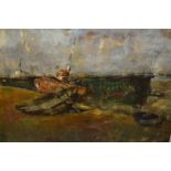 Louis Denesmaeker, Impressionist oil on board of beached fishing boats, signed,