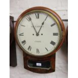 19th Century mahogany circular drop-dial wall clock, the painted dial with Roman numerals,