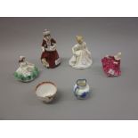 Miniature Doulton blue and white jug, Doulton figure ' Best Wishes ' , another ' Kirsty ',