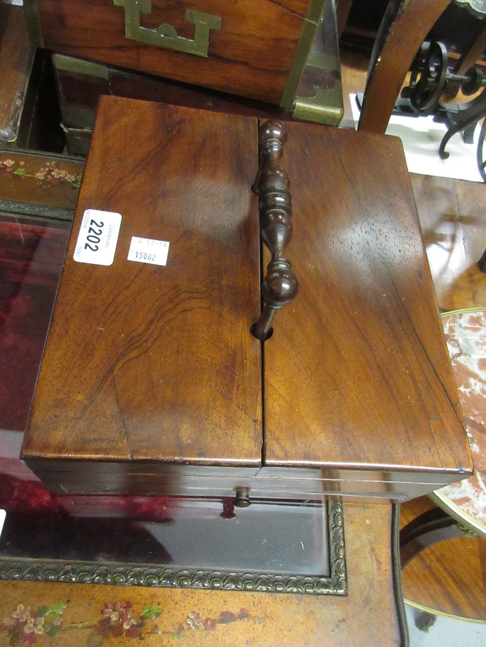 Victorian rosewood writing box with a twin hinged lid enclosing ink bottles and compartments above - Image 2 of 4