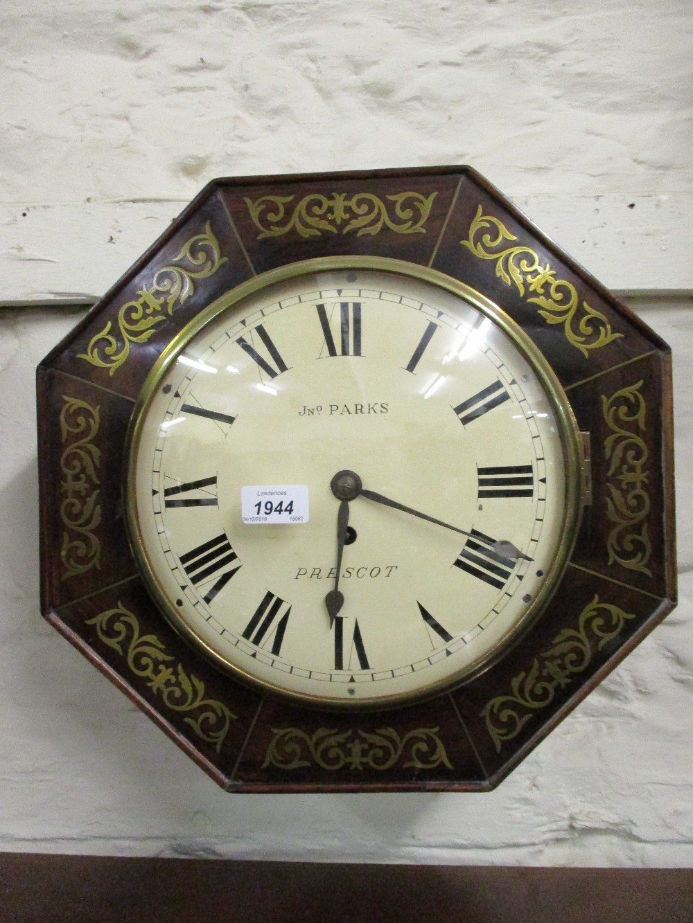 19th Century rosewood and cut brass inlaid octagonal wall clock,
