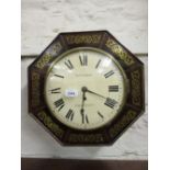 19th Century rosewood and cut brass inlaid octagonal wall clock,