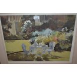 John Yardley, signed coloured print, a garden scene with a tea table,