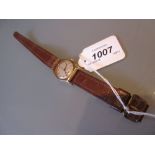 Gentleman's 9ct cold cased Record wristwatch on a brown leather strap