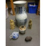 Large oriental blue and white baluster form vase, blue and white teapot,