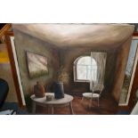 Russian school, oil on canvas, view of a room with table and chair,
