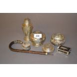 Three various white metal pots with covers, small Indian bowl, match box cover (at fault),