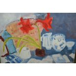 Margaret Harmsworth, oil on canvas, still life, red flower and blue and white china, and another,