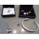 Silver bangle, Esprit heart shaped pendant on silver chain, another heart shaped pendant in box,