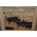 Oil on canvas, maritime scene at sunset with shipping at anchor,