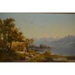 Oil on canvas, Alpine lake scene with shepherd and flock to the foreground, signed Osmers,