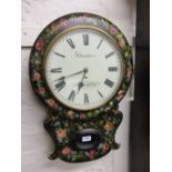 19th Century black lacquered papier mache and floral painted circular drop-dial wall clock,