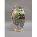 Maling lustre two handled floral decorated ribbed vase (crazing to glaze),