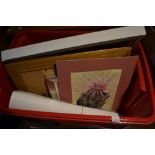 Red box containing a quantity of various paintings and prints including a watercolour,