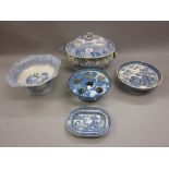 19th Century English blue and white transfer printed egg stand, similar cake stand,