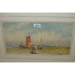Oswald Garside, watercolour, busy beach scene with figures in fishing boats, signed,