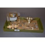 Collection of various silver plated items from Fortnum and Mason, including tea caddy, spoons,