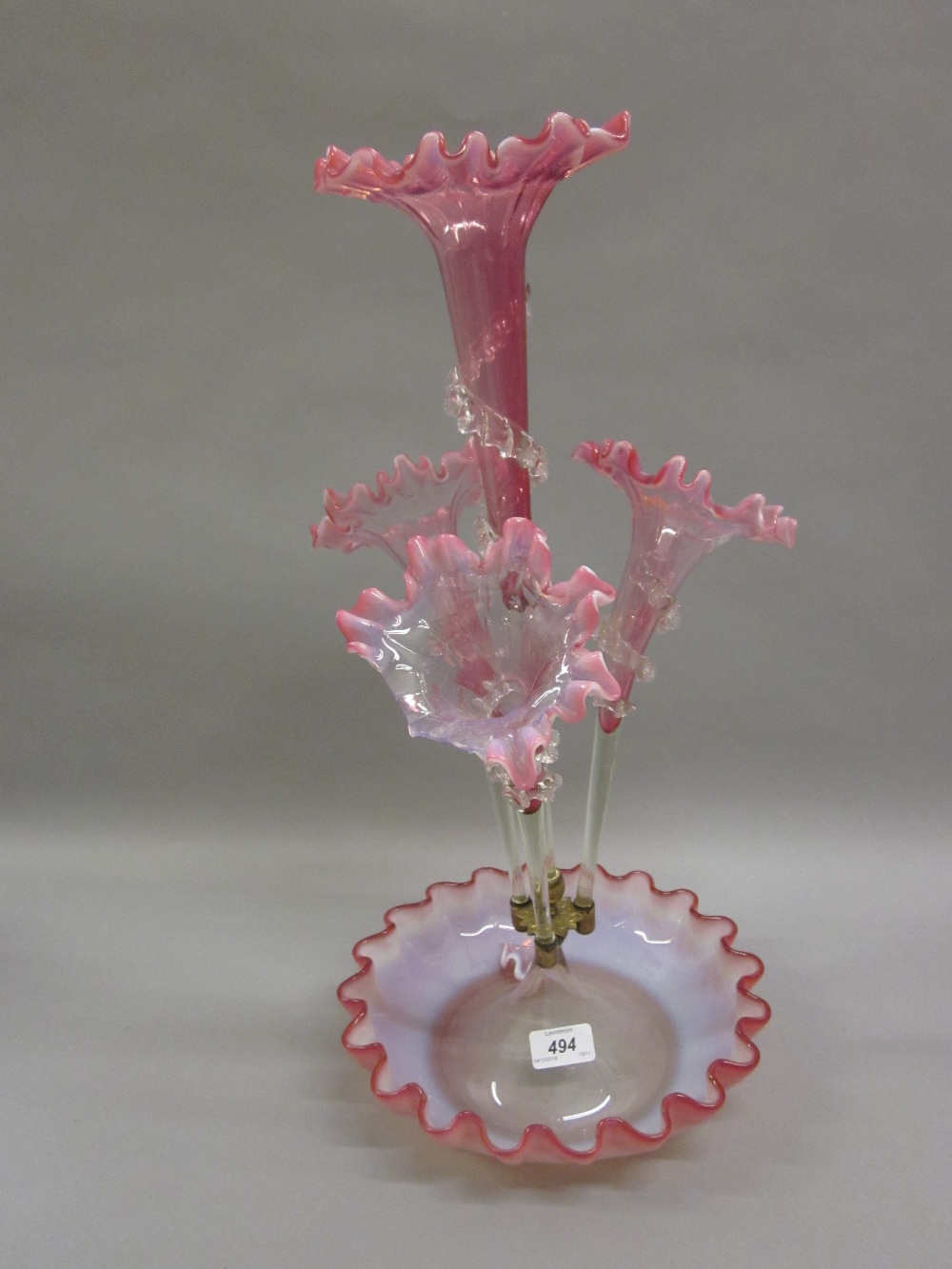 Victorian pink and Vaseline glass four stem epergne (damages)