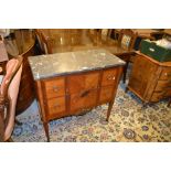 Late 19th or early 20th Century French kingwood marquetry inlaid two drawer commode with a marble