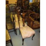 Set of four Edwardian mahogany marquetry inlaid drawing room chairs (at fault)