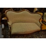 19th Century French fruitwood and upholstered sofa raised on cabriole front supports
