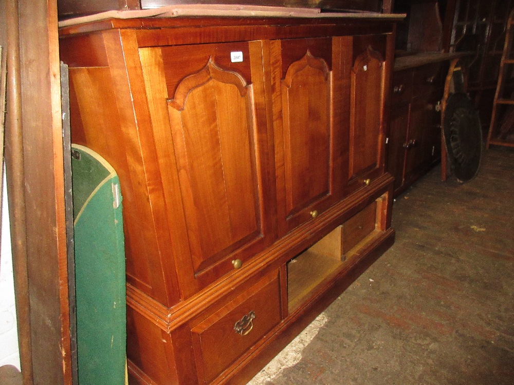 20th Century cherry wood television / hi-fi cabinet in the form of a mule chest together with a