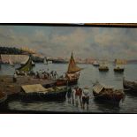 Luigi Savino, oil on board, an Italian harbour scene with figures and fishing vessels, signed, 9.
