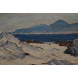Scottish school oil on canvas, view of a coastal landscape, inscribed verso, ' Iona ',