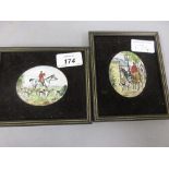 Pair of oval enamel plaques painted with hunting scenes