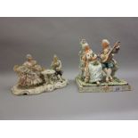 Naples porcelain group of figures seated at a table together with a pottery group,