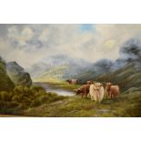 William Langley, oil on canvas, Highland cattle in a landscape, 20ins x 30ins,