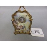 Miniature 19th Century Austrian gilt metal clock enamel decorated with figures in a landscape