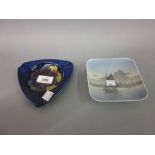 Small Royal Copenhagen square dish decorated with a sailing boat and a Moorcroft Hibiscus pattern