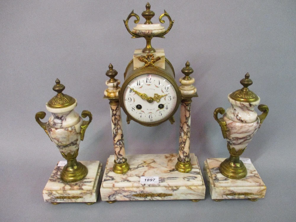 French flecked marble and ormolu clock garniture, the enamel dial with Arabic numerals,