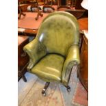 20th Century green leather upholstered tub shaped revolving office armchair,