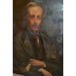 19th Century oil on canvas, three quarter length portrait of a seated gentleman holding a book,