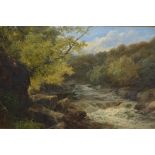 John Brandon Smith, 19th Century oil on canvas, rocky river scene with wooded banks, signed,
