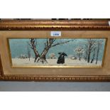 Ludwig Kohn, oil on panel, figures in a winter landscape, signed, 5ins x 14.