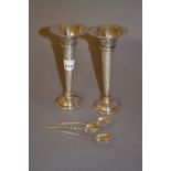 Pair of Sheffield silver specimen vases and three silver Apostle handled coffee spoons