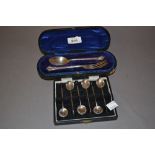 Cased set of six silver bean handled coffee spoons together with a cased silver Christening spoon